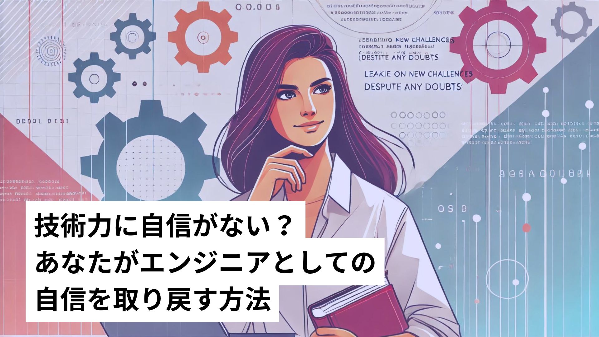 女性が１冊の本を持ちながら顎に手を当てて遠くを見る様子