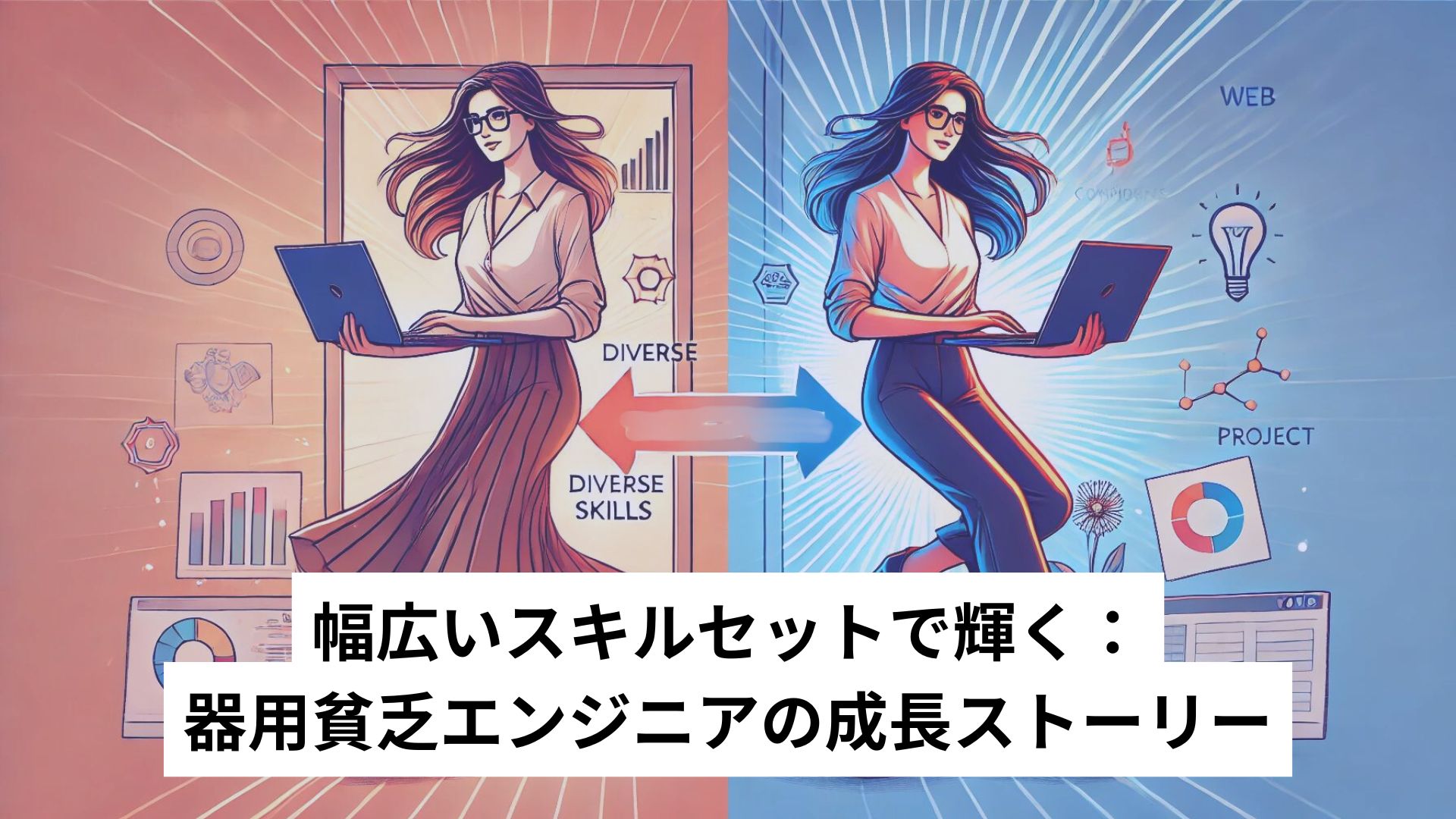 青が背景の女性エンジニアと赤が背景の女性エンジニアの間に矢印がある図